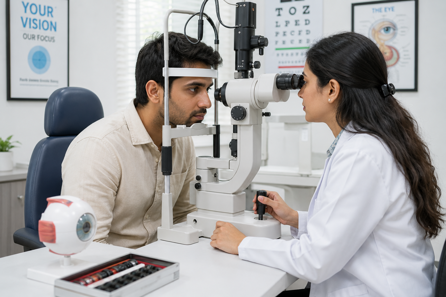 Optometrist performing an eye examination for a patient