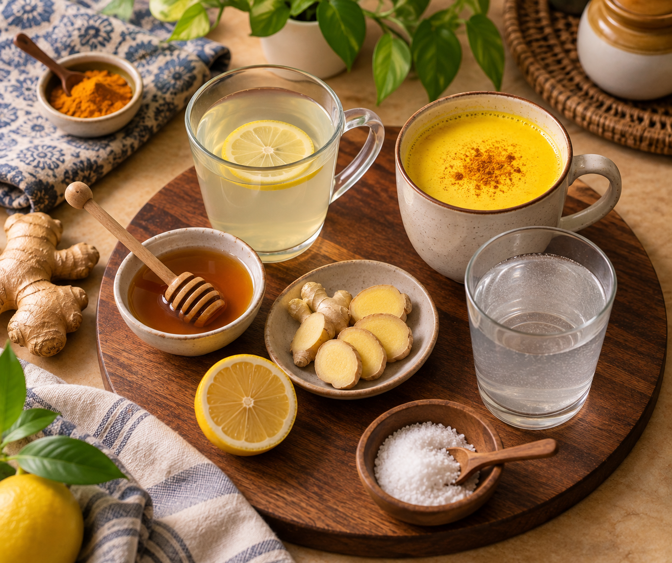 Cough remedies like honey, sliced ginger, warm water with lemon, turmeric milk on a wooden table
