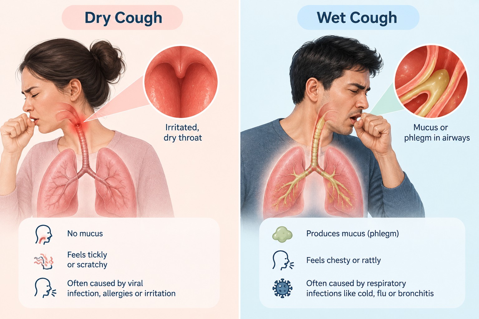 Illustration comparing dry cough (left) and wet cough (right)