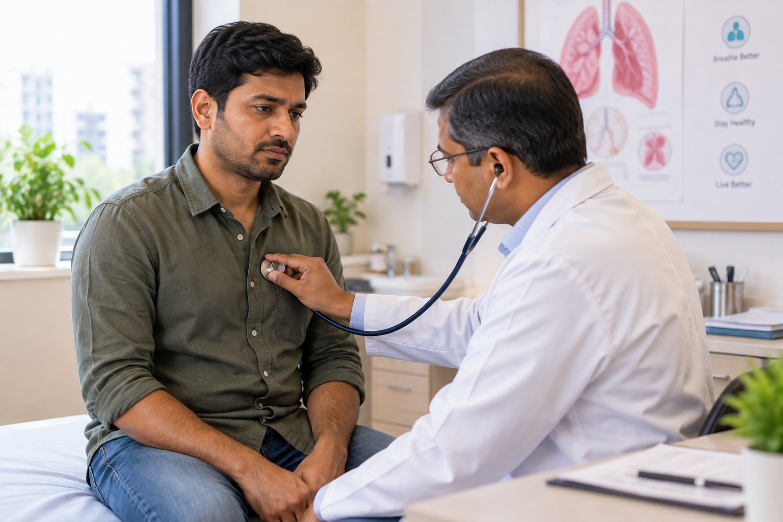 Doctor listening to a male patient's chest using a stethoscope in clinic