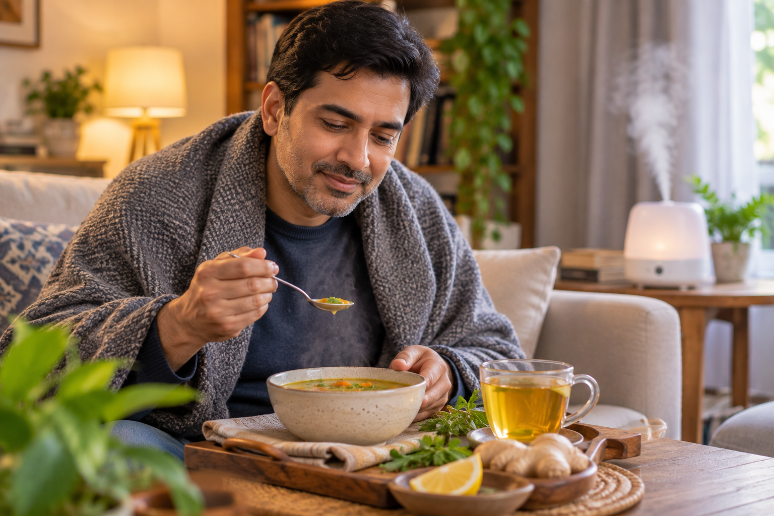 A middle-aged man sitting comfortably at home with a warm bowl of soup and herbal tea