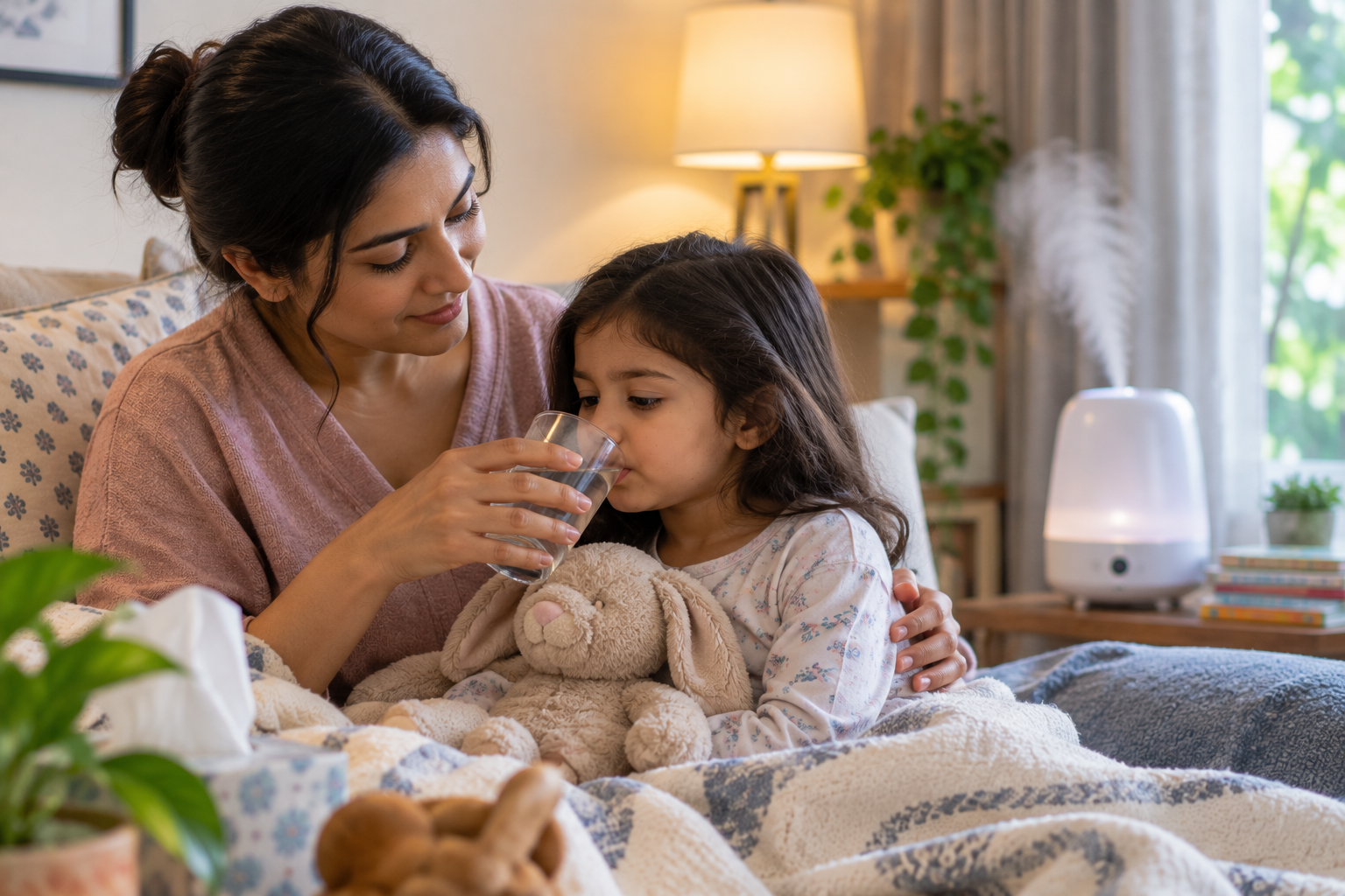 Mother caring for a young child at home with a cup of water while a humidifier runs nearby