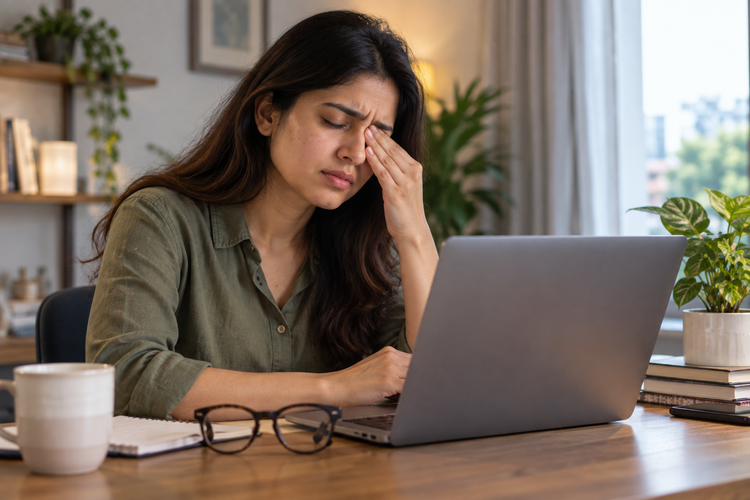 Woman, gently rubbing one eye, while looking at her laptop