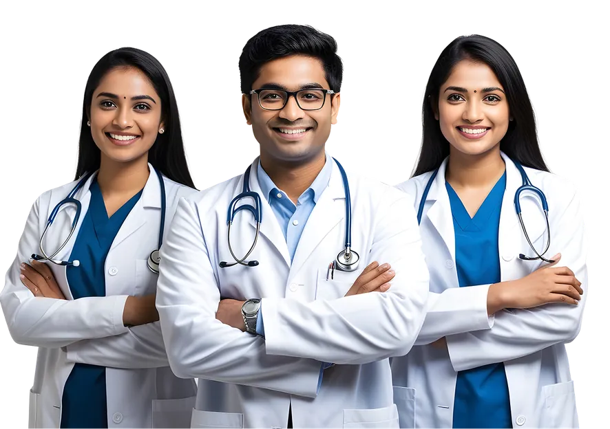 Three MediBuddy doctors standing with their arms crossed